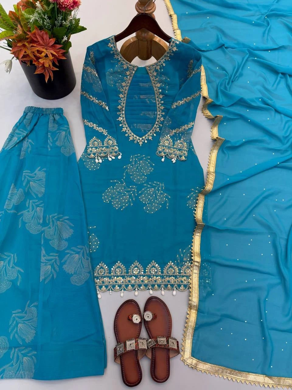 Teal Blue Sequins Digital Print Sharara Suit flat lay product view – Kalyanja KU297
